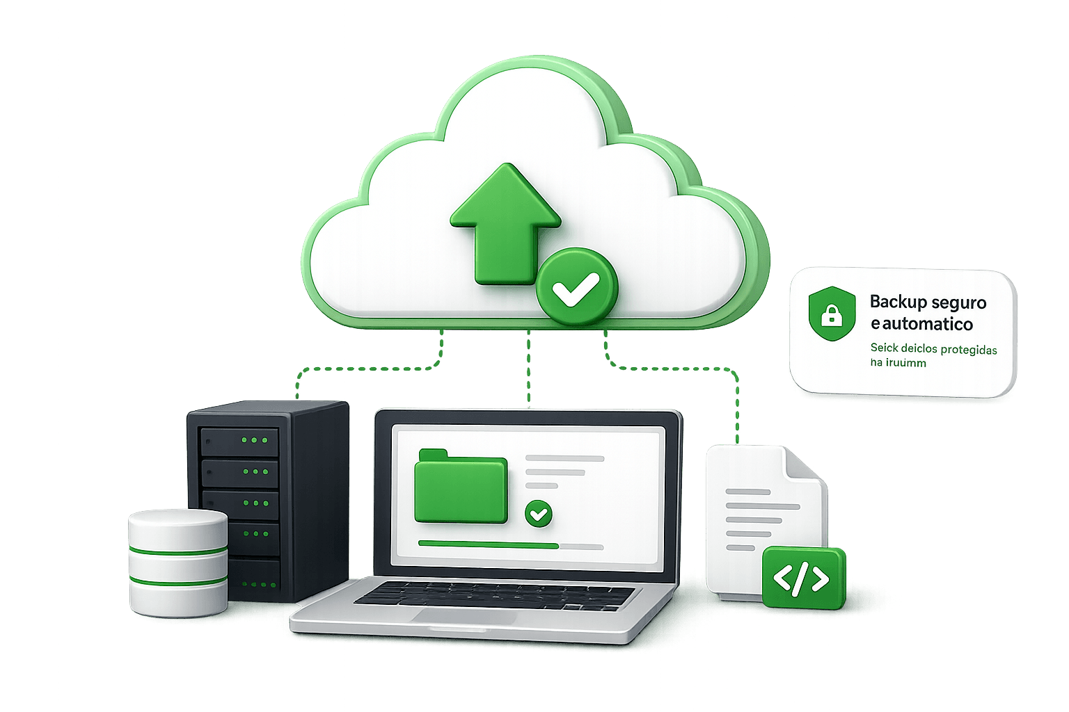 Ilustração de backup automático de servidor e laptop para a nuvem, com verificação de segurança